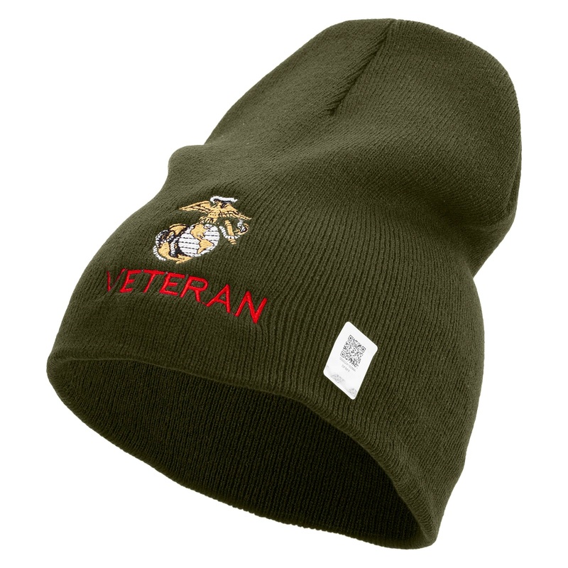 Marine Veteran Symbol Embroidered 8 Inch Solid Knit Short Beanie Made in USA Olive One Size