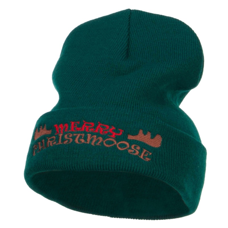 Merry Christmoose Embroidered Long Beanie Dk Green One Size