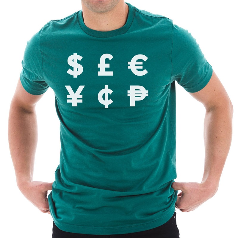 Money Symbols Graphic Design Short Sleeve Cotton Jersey T-Shirt Teal XS