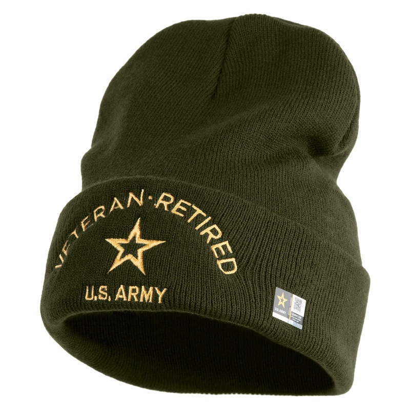 Star US Army Veteran Retired Logo Embroidered 12 Inch Long Knitted Beanie Olive One Size