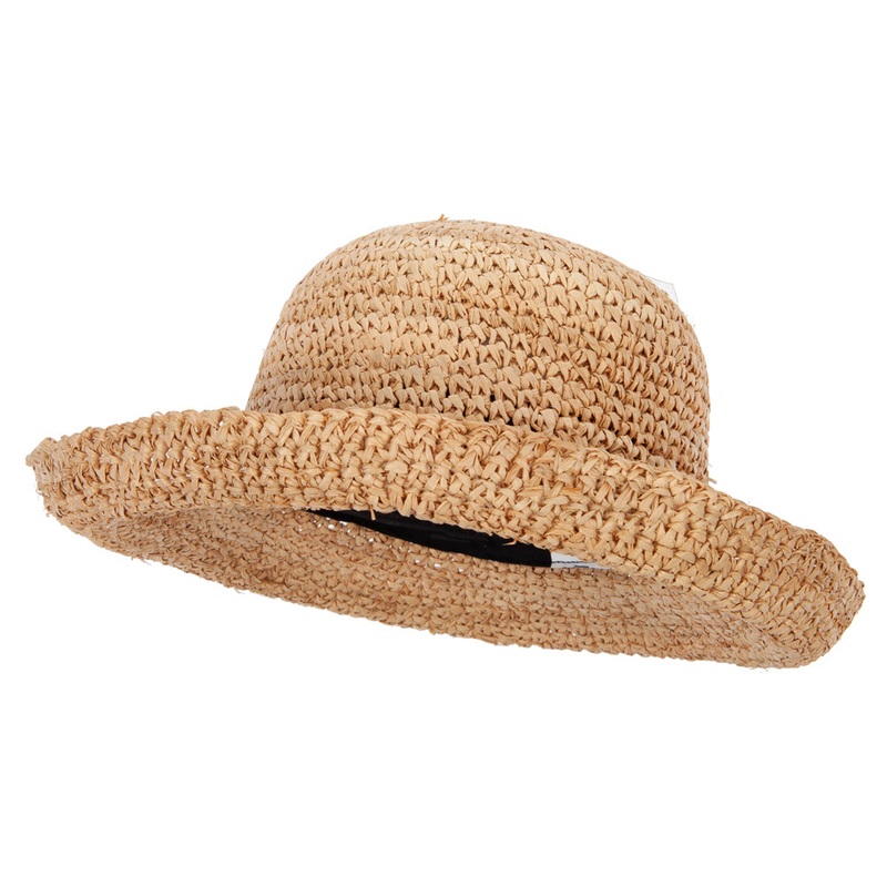 Women’s 3 Inch Turn Up Brim Straw Crochet Summer Bucket Hat Raffia One Size