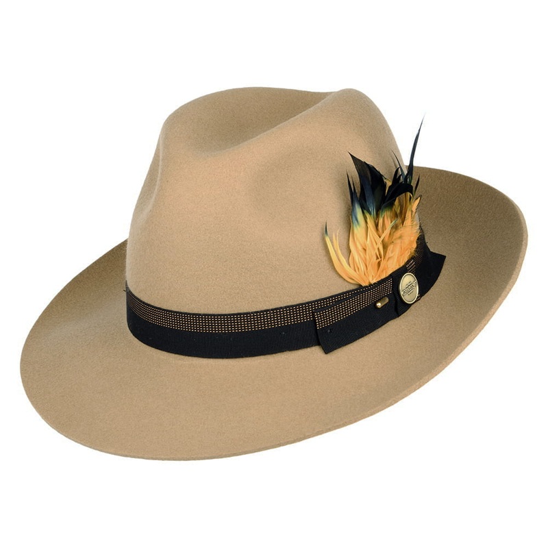Christys Hats Grosvenor Wool Felt Fedora Hat With Feathers – Camel 55