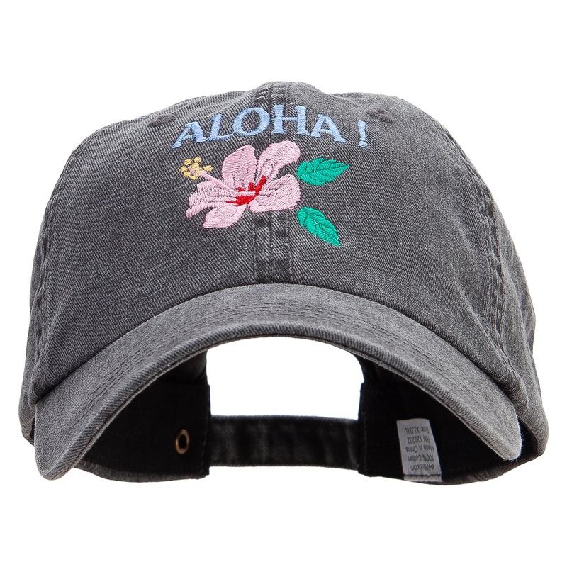 Hawaii Flower Aloha Embroidered Big Size Washed Pigment Dyed Cap Black XL-3XL
