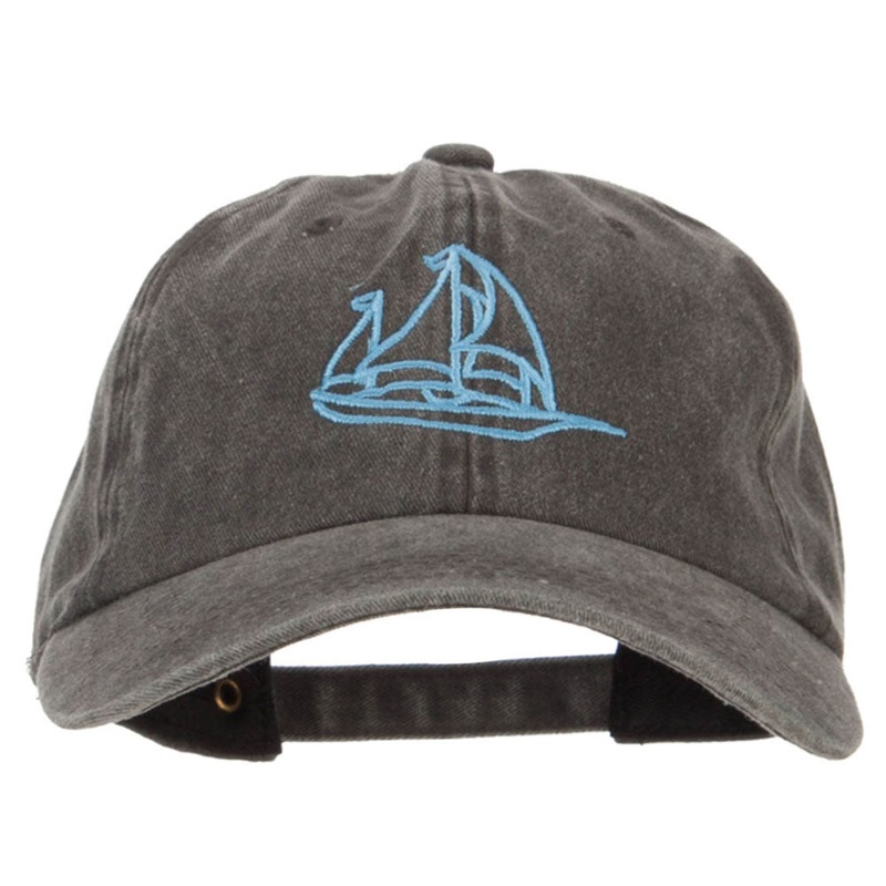 Schooner Outline Embroidered Washed Buckle Cap Black One Size