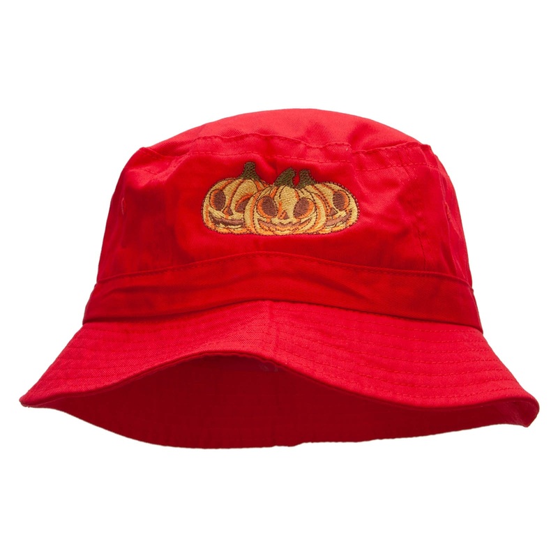 Three Pumpkins Embroidered Bucket Hat Red One Size