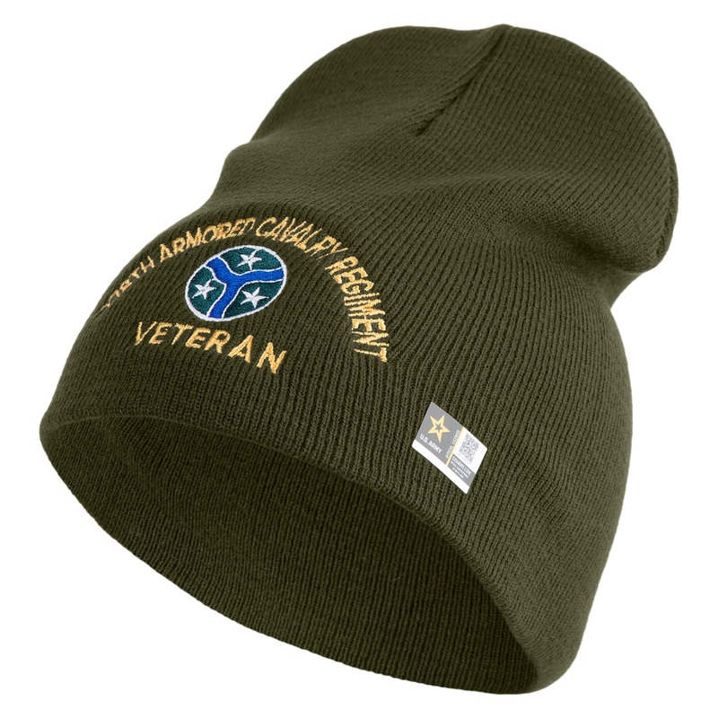 U.S. Army 278th Armored Cavalry Regiment Symbol Embroidered 8 Inch Solid Knit Short Beanie Made in USA Olive One Size