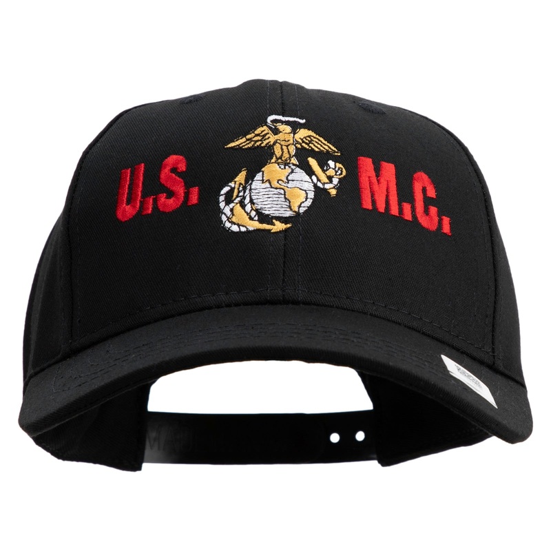 USMC Design Embroidered 6 Panel Structured Cotton Twill Cap Made in USA Black One Size