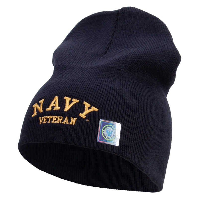 Made in USA Navy Veteran Letters Symbol Embroidered 8 Inch Solid Knit Short Beanie Navy One Size