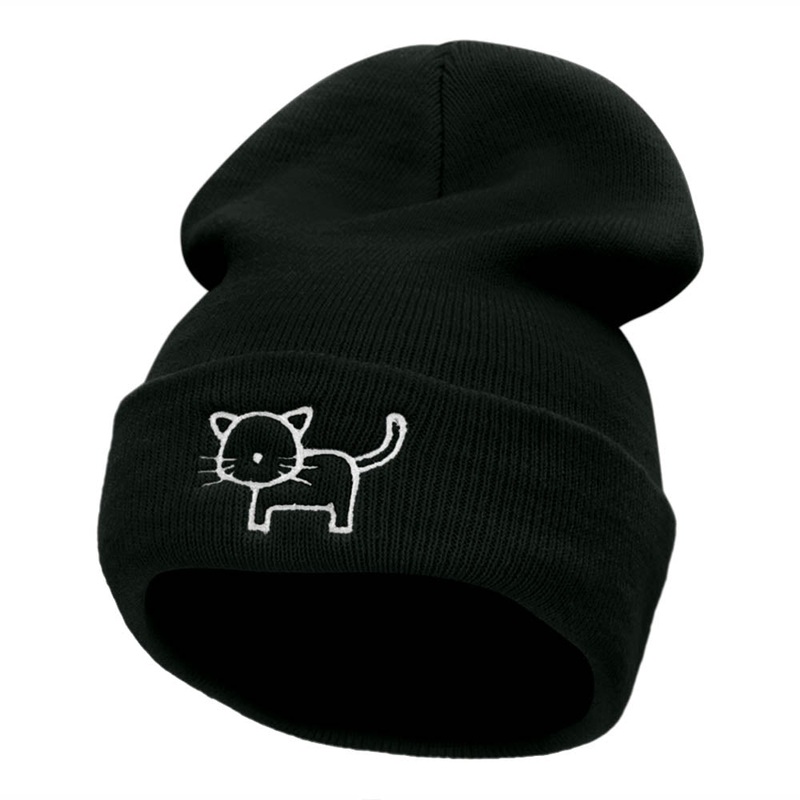 Cat Doodle Outline Embroidered Knitted Long Beanie Black One Size