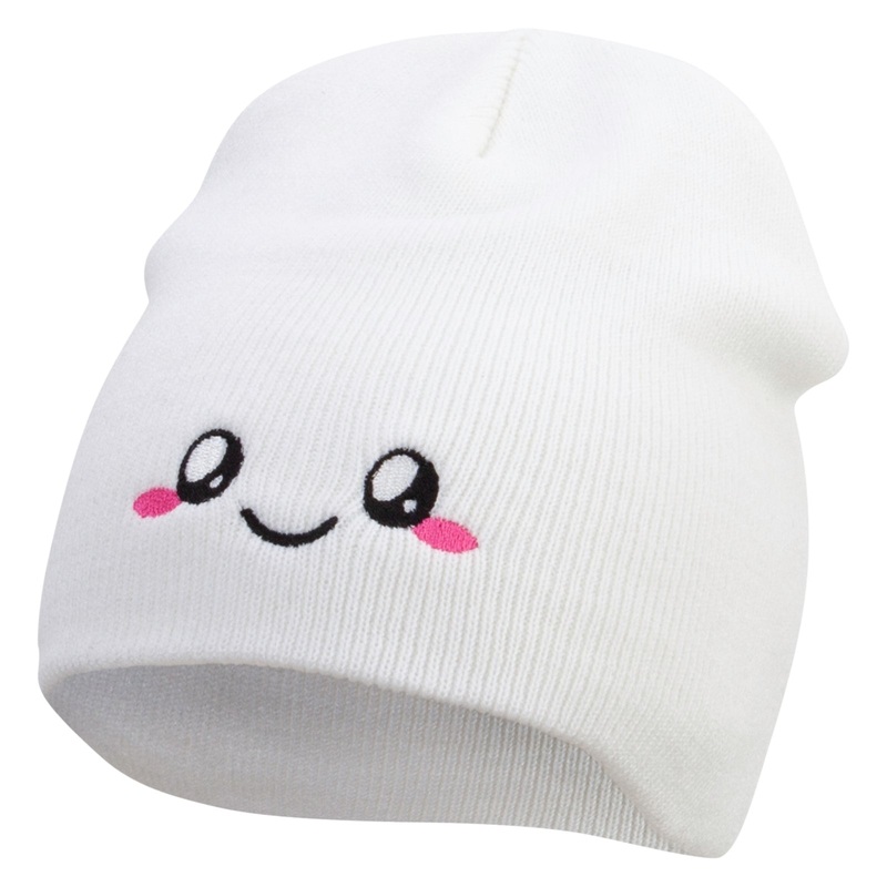Cute Emoji Face Embroidered 8 Inch Knitted Short Beanie White One Size