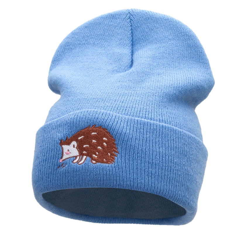 Hedgehog Embroidered 12 Inch Long Knitted Beanie Sky Blue One Size