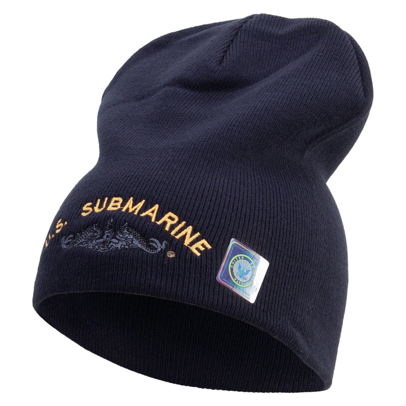 Made in USA US Submarine Sign Embroidered 8 Inch Solid Knit Short Beanie Navy One Size