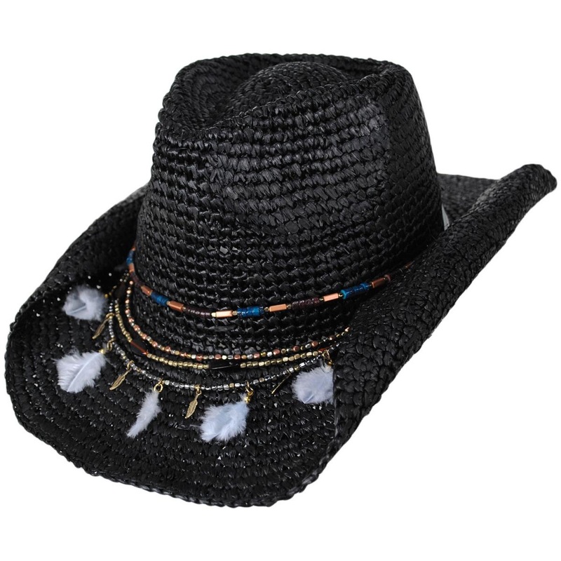 Morgan Crochet Raffia Straw Western Hat BLACK ONE SIZE FITS MOST