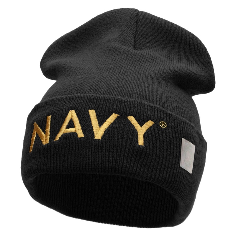 Navy Embroidered Long Knitted Beanie Made in USA Black One Size