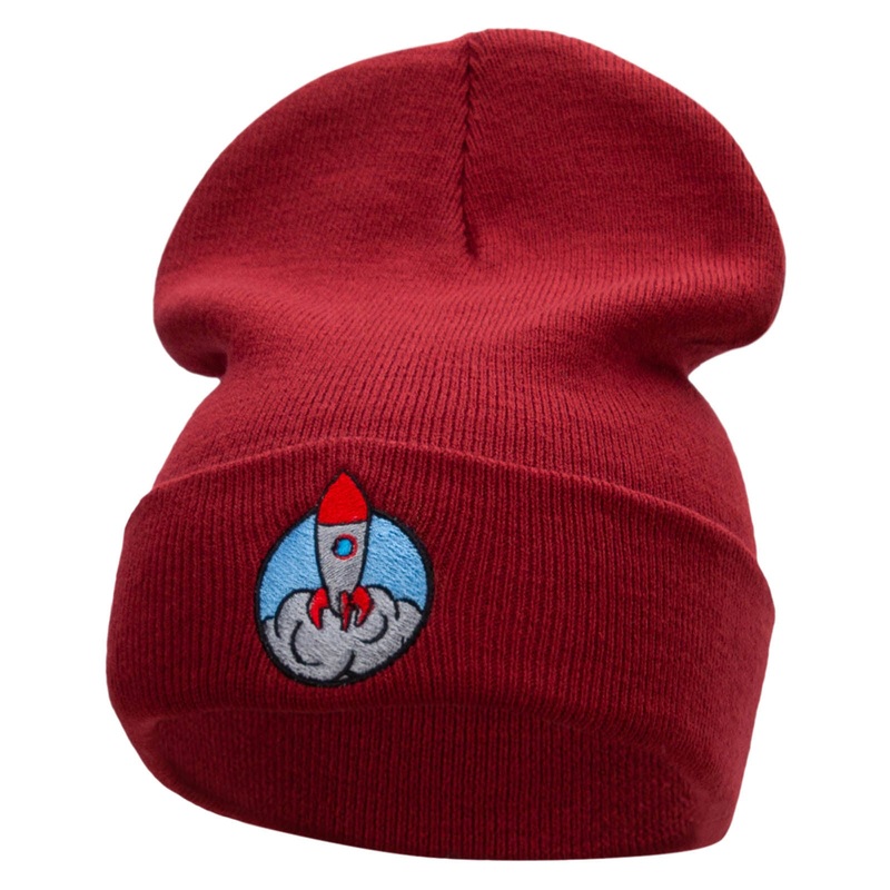 Rocket Takeoff Embroidered 12 Inch Long Knitted Beanie Maroon One Size