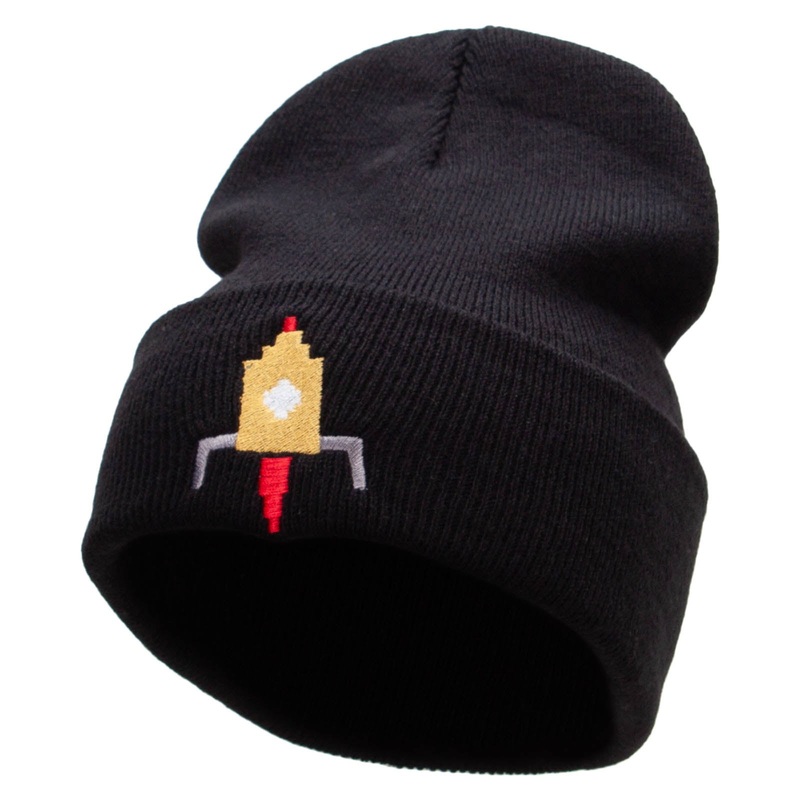 Space Ship Embroidered 12 Inch Long Knitted Beanie Black One Size