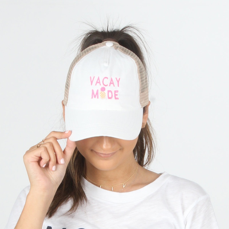 Vacay Mode Mesh Back Ponyflo Baseball Cap White 1SFM