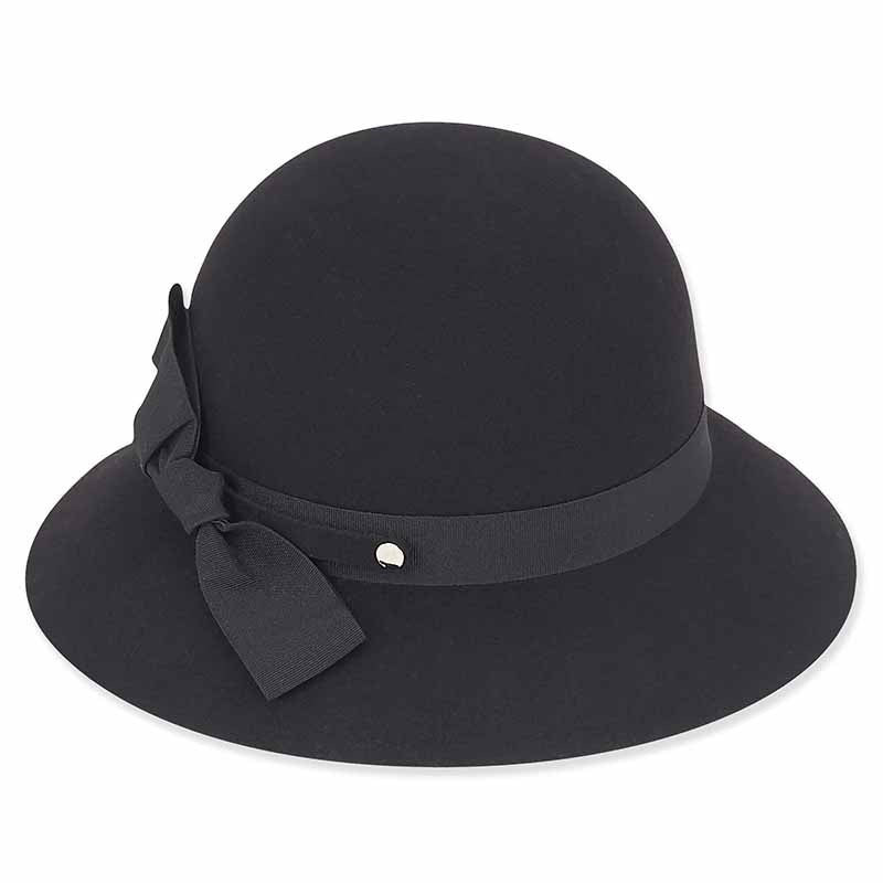 Adora Wool Hat – Wool Felt Cloche with Tilted Grosgrain Ribbon Bow Black Medium (57 cm)