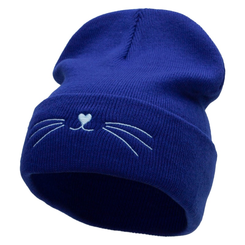 Kitty Cat Embroidered 12 Inch Long Knitted Beanie Royal One Size