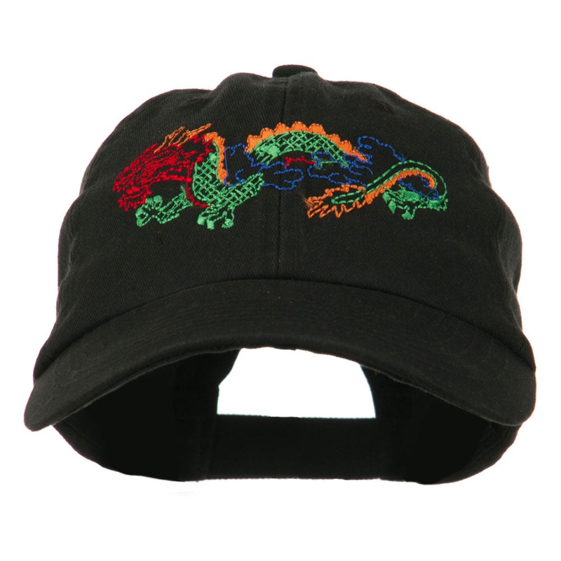 Outlined Dragon Embroidered Washed Cap Black One Size