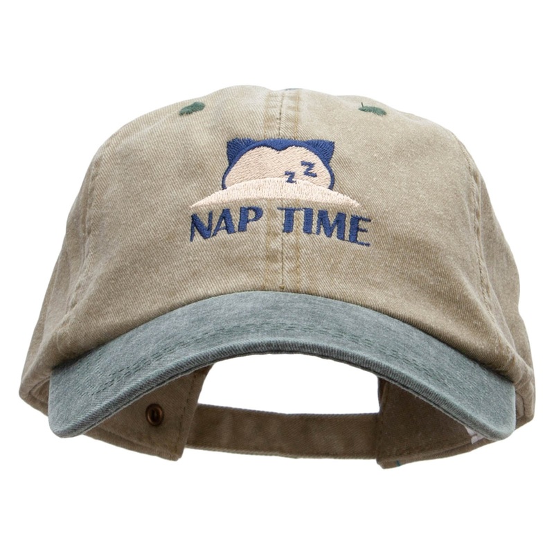 Pocket Monster Nap Time Embroidered Pigment Dyed Wash Caps Khaki Green One Size