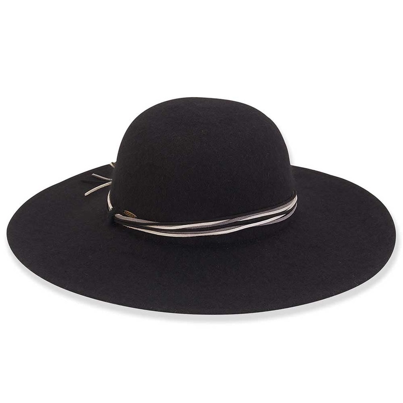 Soft Boiled Wool Wide Brim Hat with Multi Color Tie – Adora Wool Hats Black M/L (58 cm)