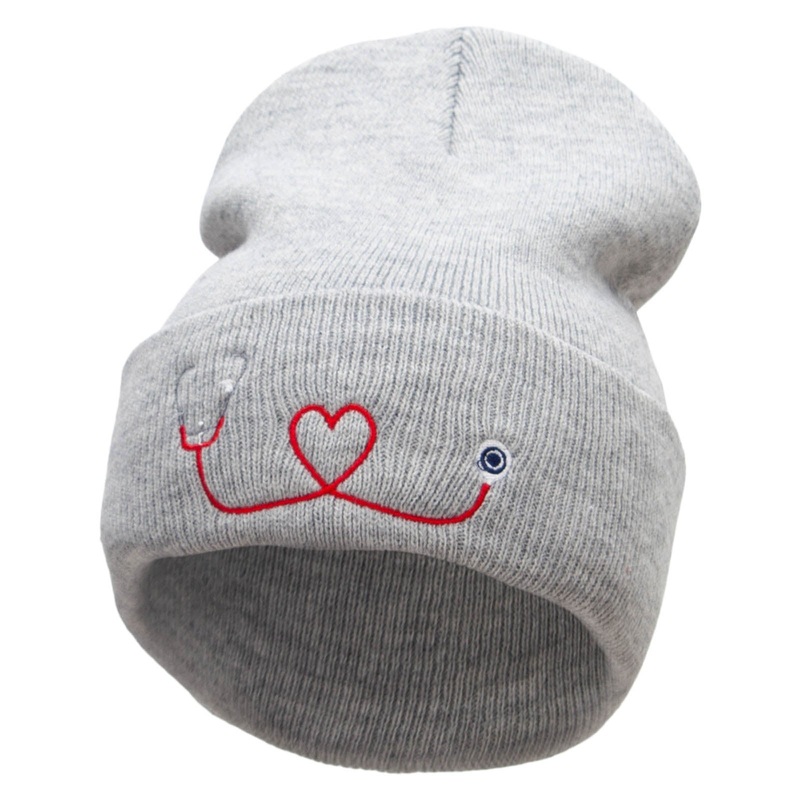 The Stethoscope Embroidered 12 Inch Long Knitted Beanie Heather Grey One Size