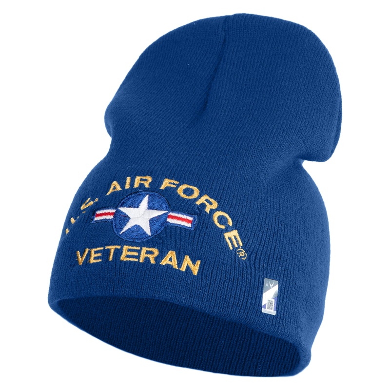U.S. Airforce Veteran with Roundel Symbol Embroidered 8 Inch Solid Knit Short Beanie Made in USA Royal Blue One Size