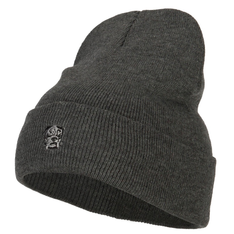 Bulldog Head Embroidered Long Knitted Beanie Dk Grey One Size
