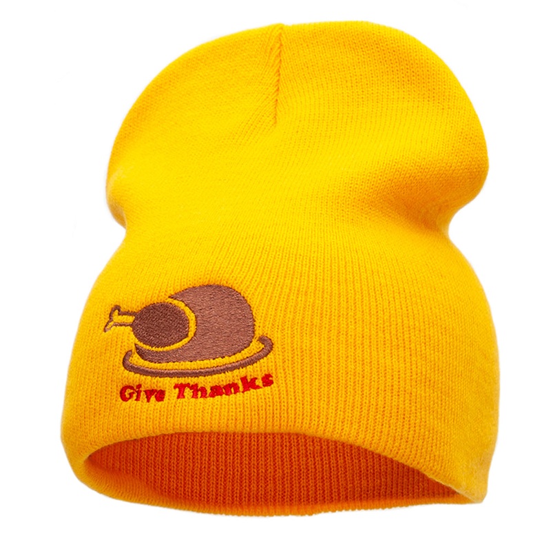 Give Thanks Embroidered Knitted Long Beanie Gold One Size