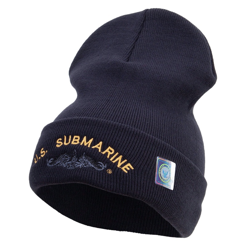 Made in USA US Submarine Symbol Embroidered 12 Inch Solid Knit Cuff Long Beanie Navy One Size