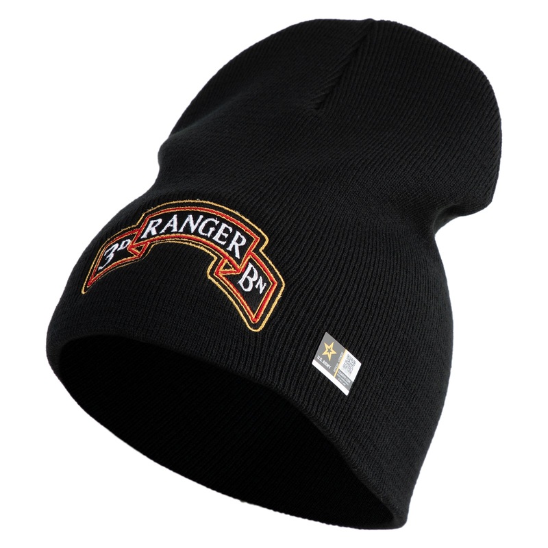 U.S. Army 3rd Ranger Battalion Symbol Embroidered 8 Inch Solid Knit Short Beanie Made in USA Black One Size