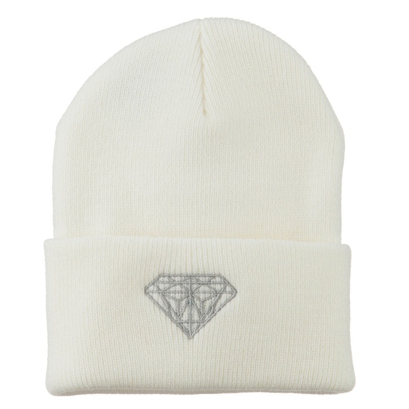 Diamond Embroidered Long Beanie White One Size