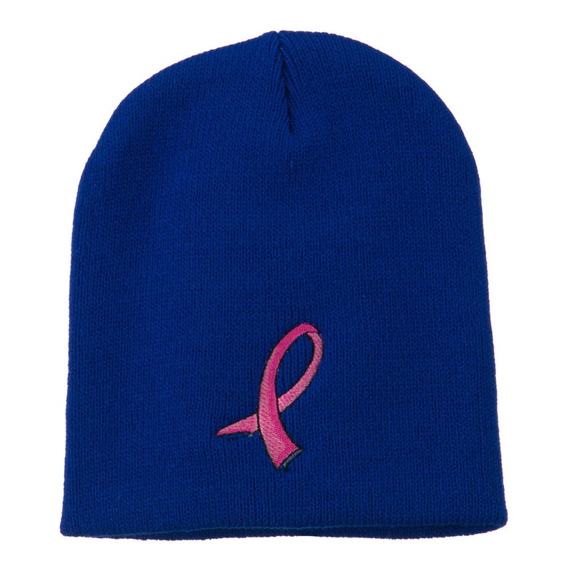 Hot Pink Ribbon Breast Cancer Embroidered Short Beanie Royal One Size