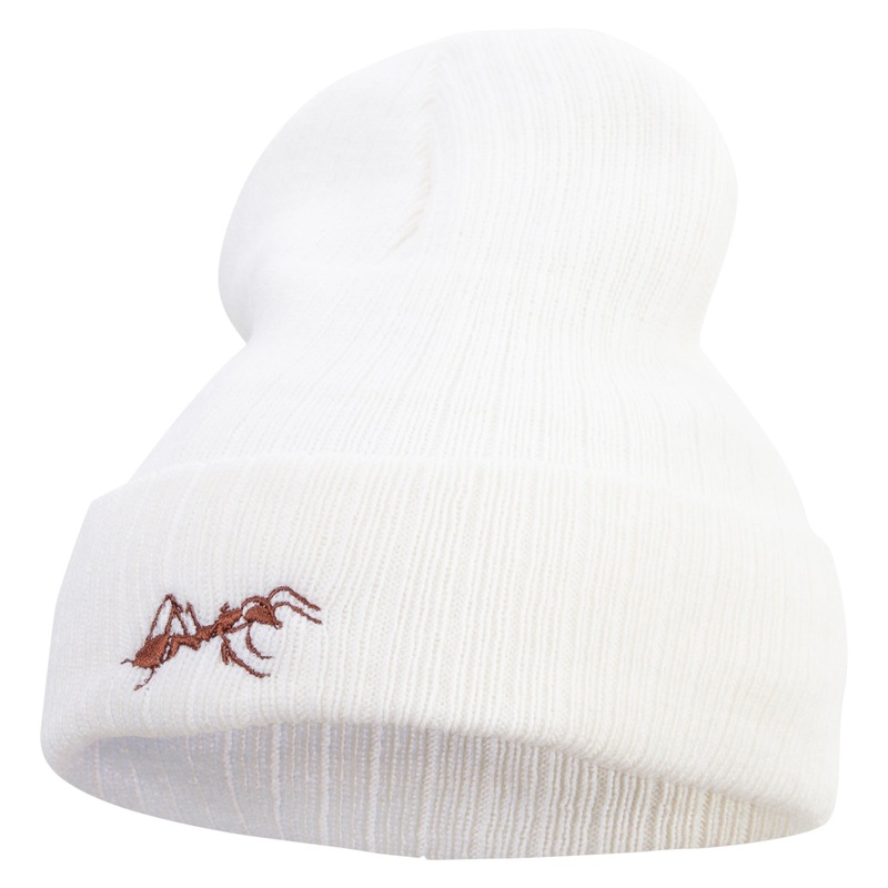 Made in USA Ant Logo Embroidered Heavy Ribbed Cuff Beanie White One Size
