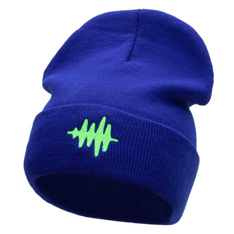 Sound Wave Embroidered 12 Inch Long Knitted Beanie Royal One Size