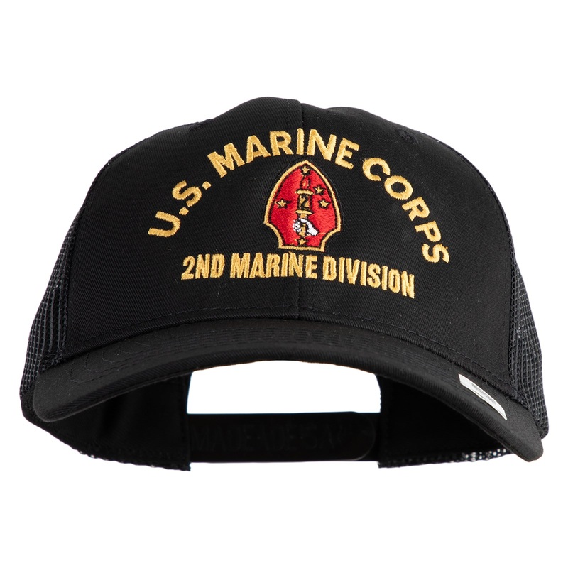 U.S. Marine Corps 2nd Marine Division Embroidered 6 Panel Structured Cotton Twill Mesh Cap Made in USA Black One Size