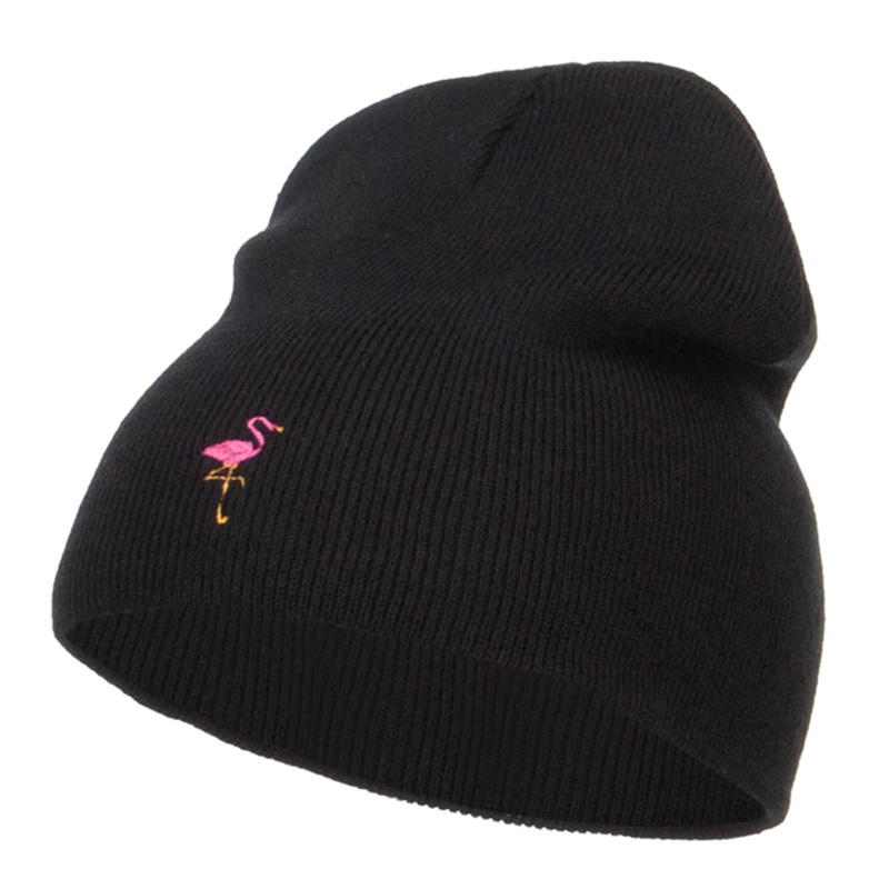 Mini Flamingo Embroidered Short Beanie Black One Size