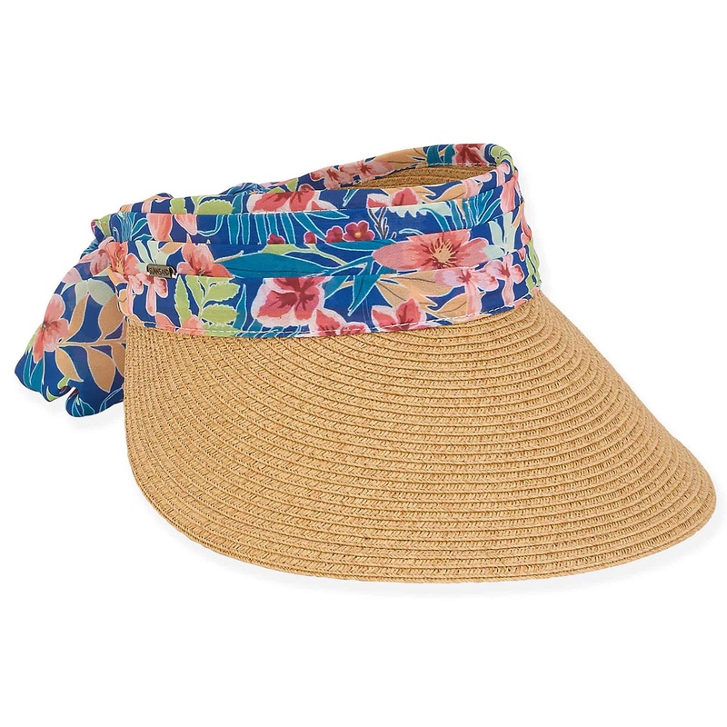 Wide Brim Sun Visor with Floral Print Sash – Caribbean Joe Hats Tan