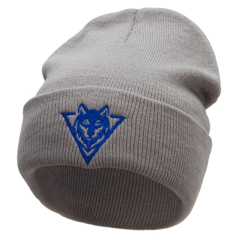 Wolf Embroidered 12 inch Acrylic Cuffed Long Beanie Grey One Size