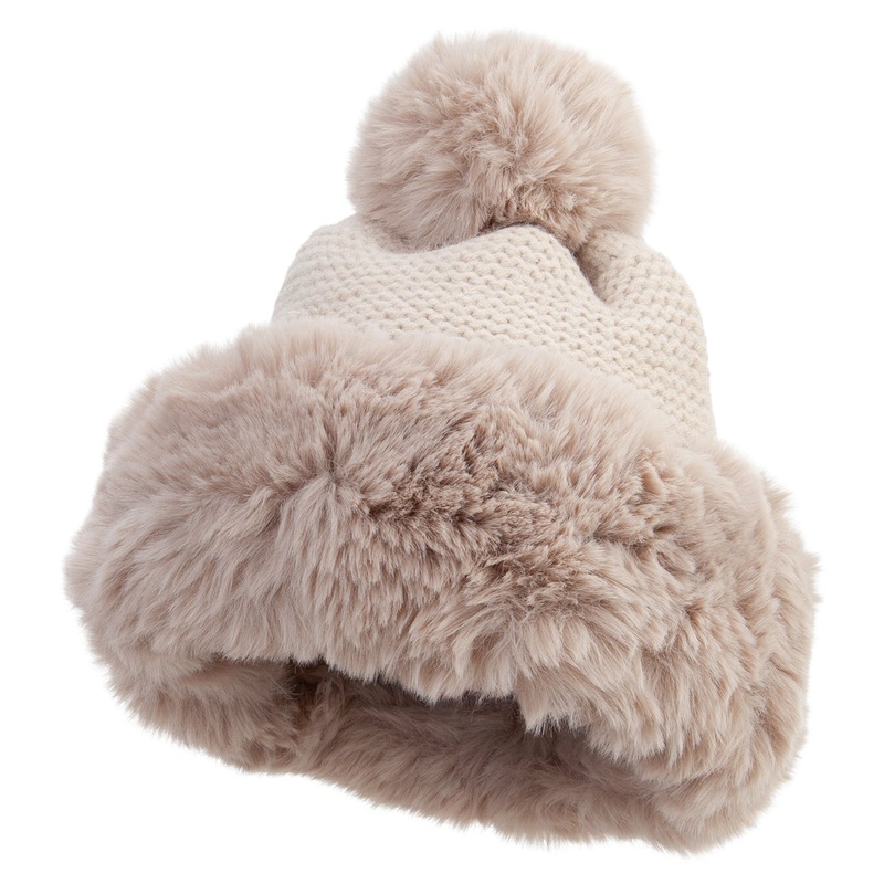 Women’s Thick Knit Faux Fur Trim Cuff Beanie Beige One Size