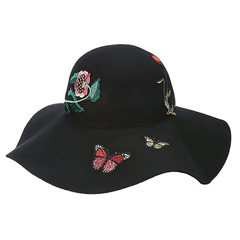 Black Wide Brim Hat with Embroidered Appliques – Brooklyn Hats Black M/L
