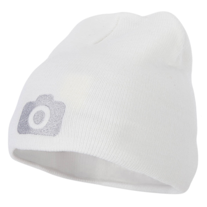 Camera Design Photographer Embroidered 8 Inch Knitted Short Beanie White One Size