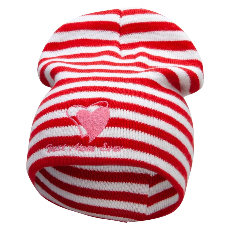 Made in USA Best Mom Ever Embroidered Trendy Striped Beanie Red White One Size