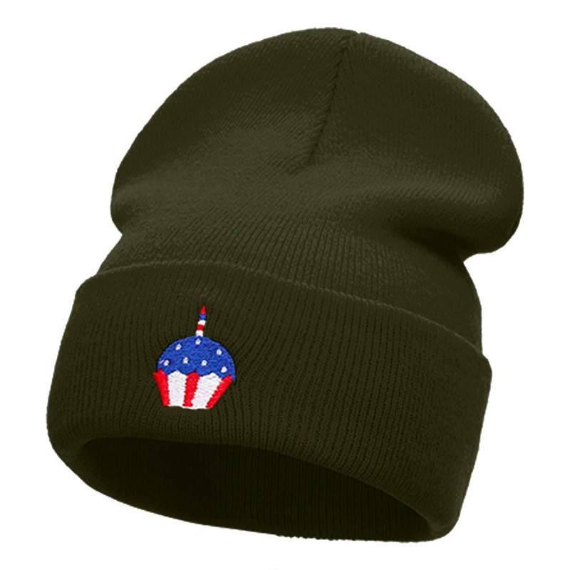 Patriotic Cupcake Embroidered 12 Inch Long Knitted Beanie Olive One Size