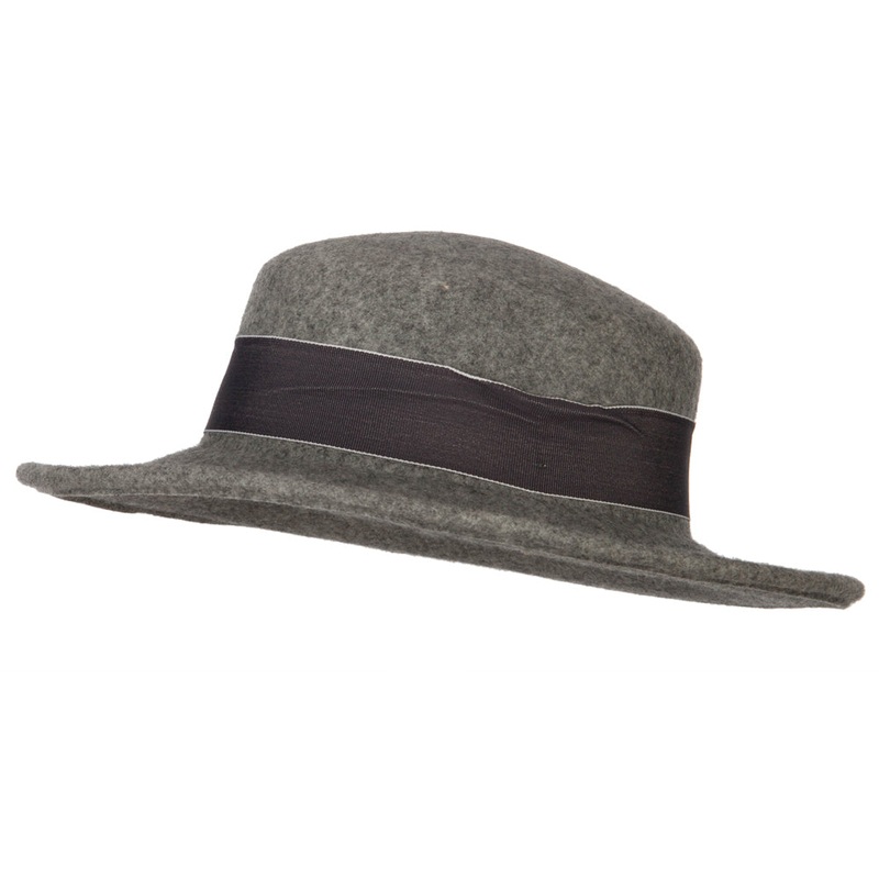 Women’s Wool Wide Ribbon Band Trim Folded Wide Brim Bowler Fedora hat Grey Mix One Size