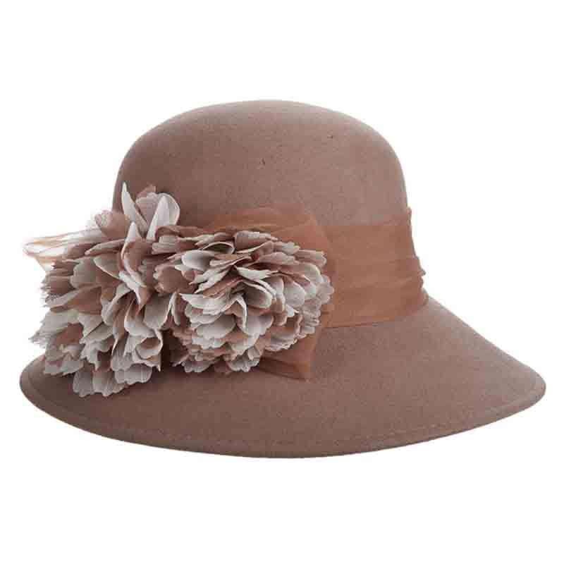 Wool Felt Big Brim Cloche with Organza Silk Flower – Scala Hats Taupe
