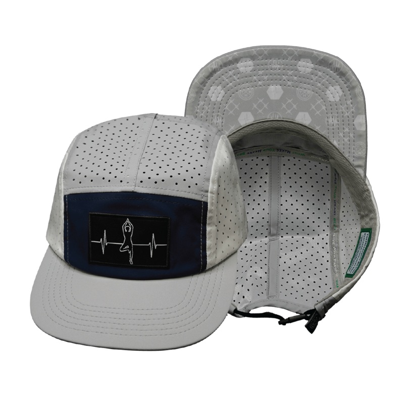 Yoga Hat – 5 Panel – Ponytail – Gray / Navy / White – Laser Mesh