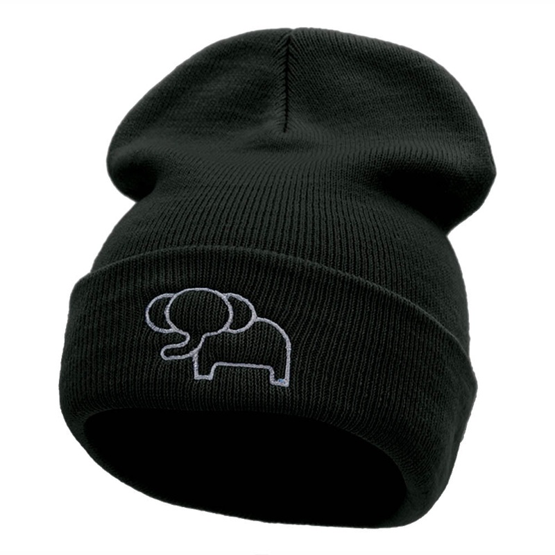 Delicate Elephant Outline Embroidered Knitted Long Beanie Black One Size