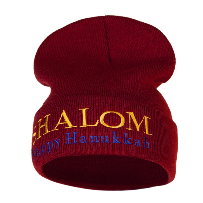 Shalom Happy Hanukkah Embroidered Long Knitted Beanie Maroon One Size